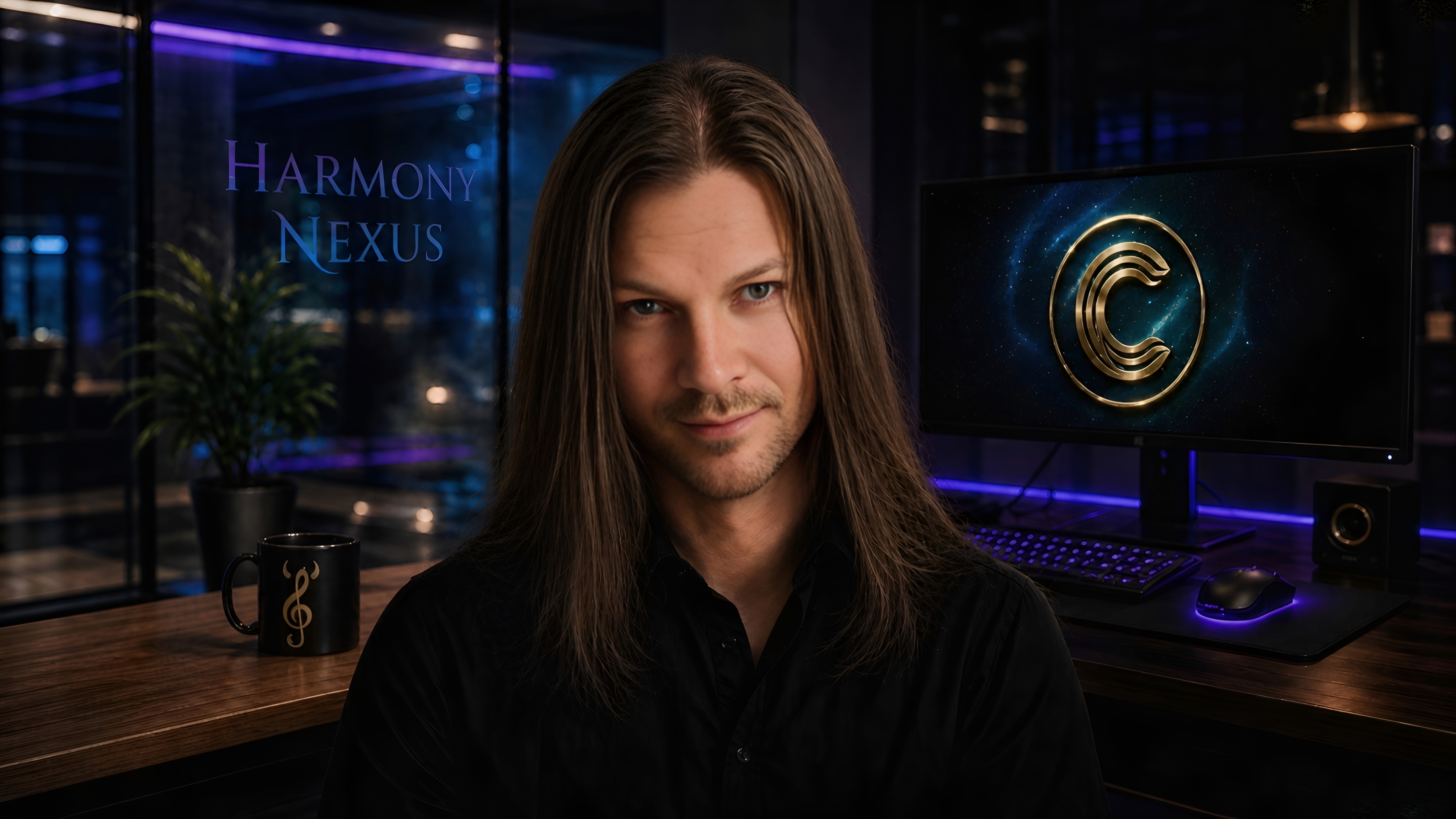 Harmony Nexus workstation and founder image with continuity systems visible on screen